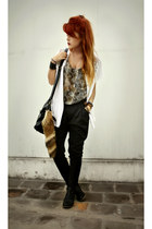 black wantedshoes boots - white vintage blouse - olive green fashionpash top - b
