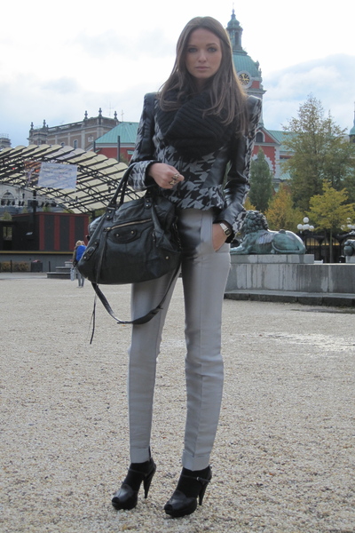 black jacket gray pants