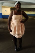 beige fletcher by lyell coat - black faux leather Bamboo boots - pink H&M dress