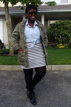 green Bluenotes coat - black boots - white as a skirt H&M dress