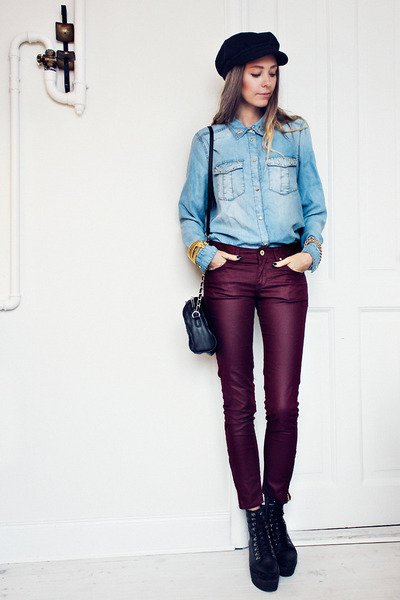 maroon pants denim shirt