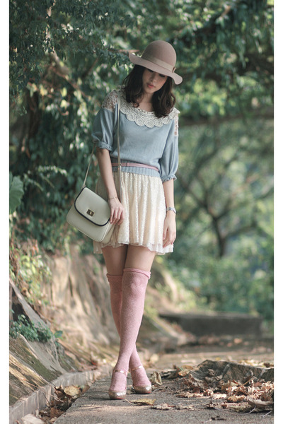 nude Monki hat - sky blue snidel sweater - ivory Zara skirt - gold kari ang heel