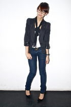 black sm department store blazer - white Topshop - blue Gucci belt - Zara - blac