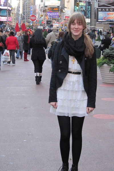 white dress - black jacket - black shoes - black scarf
