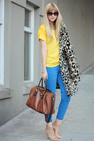 yellow Zara top - nude loeffler randall shoes - blue Zara pants