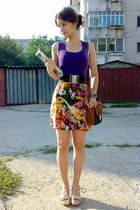 brown Pigeon purse - gold trifted skirt - purple Atmosphere top - brown belt