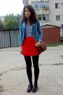 Blue-h-m-shirt-red-orsay-skirt-blue-jacket-black-mondex-tights-brown-pur