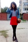 Blue-h-m-shirt-red-orsay-skirt-blue-jacket-black-mondex-tights-brown-pur