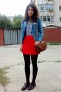 Blue-h-m-shirt-red-orsay-skirt-blue-jacket-black-mondex-tights-brown-pur
