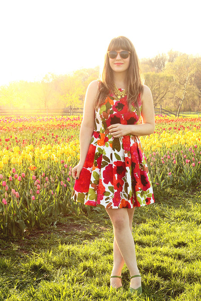 yellow LuLus necklace - red modcloth dress - orange modcloth sunglasses