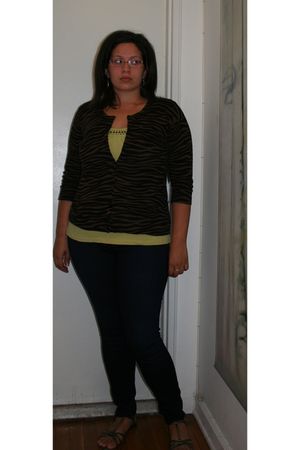 blue Loft jeans - green Loft shirt - brown New York & Company cardigan - silver 
