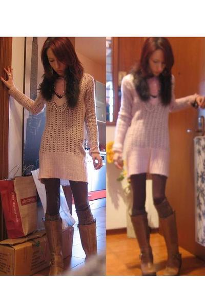 knee high boots and dress. pink calvin klein dress