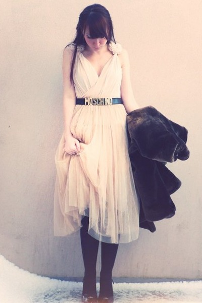 peach H&M dress - peach Ezzentric topz vintage skirt - dark brown Newlook coat -