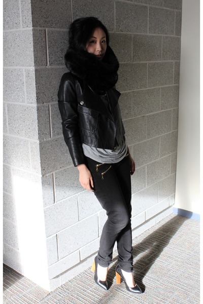 Black Work Jeans, Black Leather BCBG Jackets, Black YSL Heels
