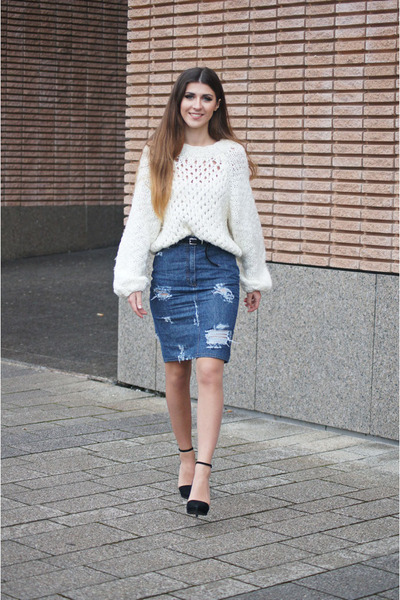 Blue My Design Skirts, White H\u0026M Sweaters, Black H\u0026M Belts