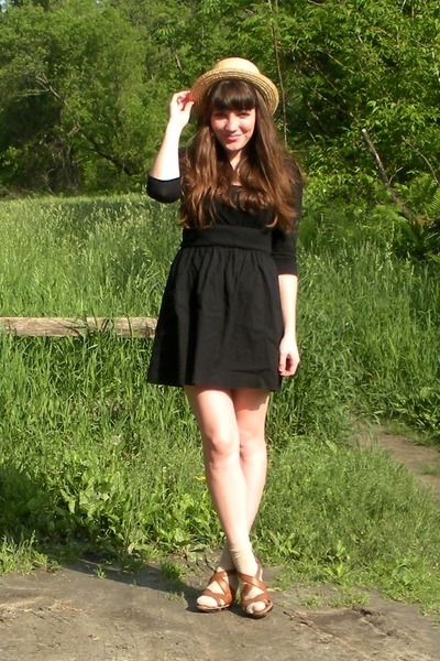 black Marshalls dress - light yellow boater Urban Outfitters hat ...