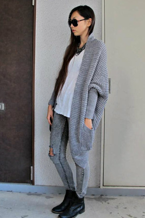 heather gray random jeans - black Zara boots - white DKNY top