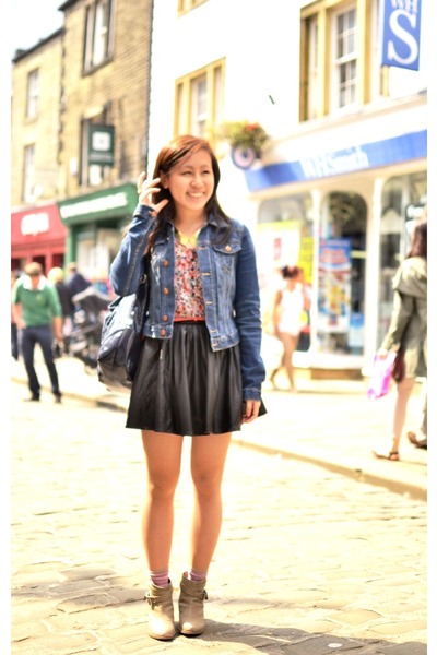 leather skirt and denim jacket